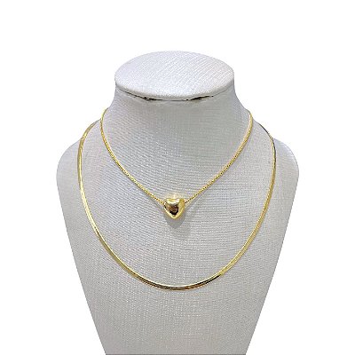 Colar Duplo Folheado Ouro 18k e Prata 925 Fita Laminada Coração