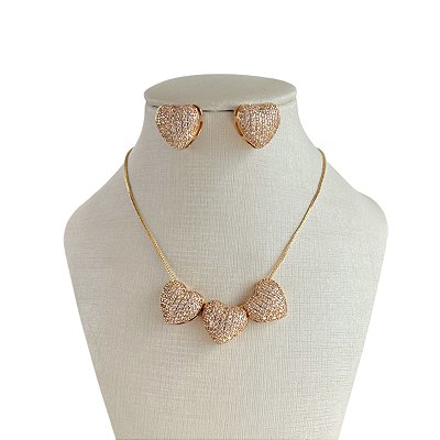 Conjunto Folheado Ouro 18k e Prata 925 Corações Cravejados