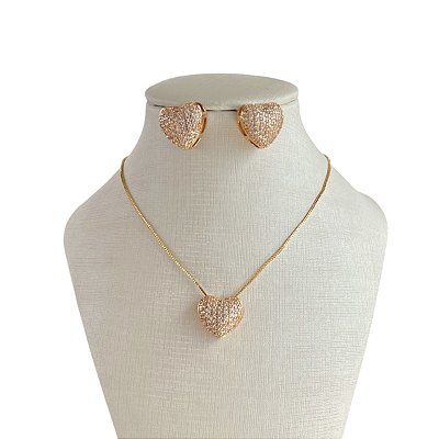 Conjunto Folheado Ouro 18k e Prata 925 Coração Cravejado