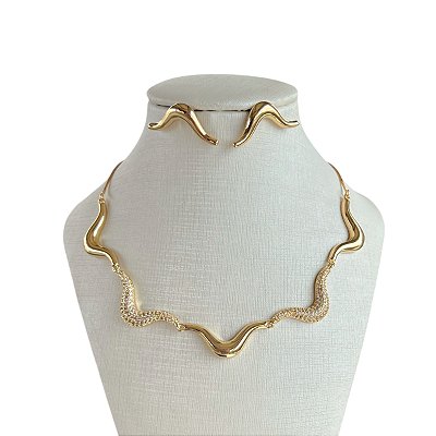 Conjunto Folheado Ouro 18k e Prata 925 Ondulado Cravejado