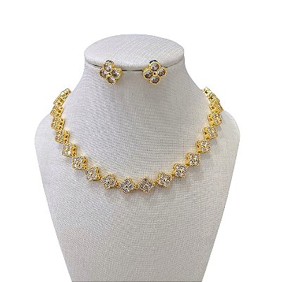 Conjunto Folheado Ouro 18k e Prata 925 Inspired Trevos Cravejado