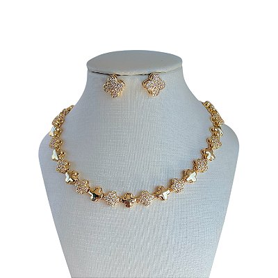 Conjunto Folheado Ouro 18k e Prata 925 Inspired Trevos Cravejado