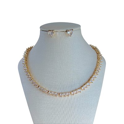 Conjunto Folheado Ouro 18k e Prata 925 Inspired Corações Cravejado