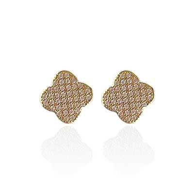 Brinco Folheado Ouro 18k e Prata 925 Trevo Cravejado