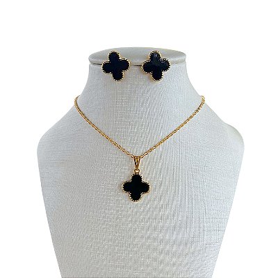 Conjunto Folheado Ouro 18k e Prata 925 Trevo Resinado