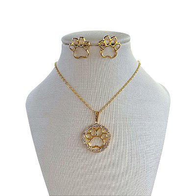 Conjunto Folheado Ouro 18k e Prata 925 Pet Strass