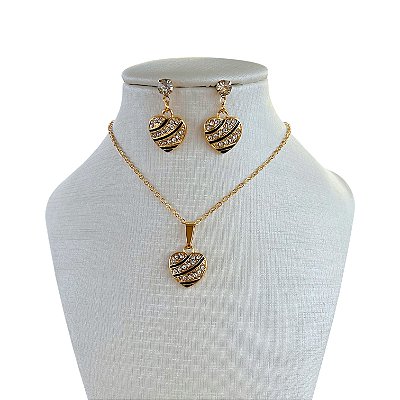 Conjunto Folheado Ouro 18k e Prata 925 Coração Resinado Strass
