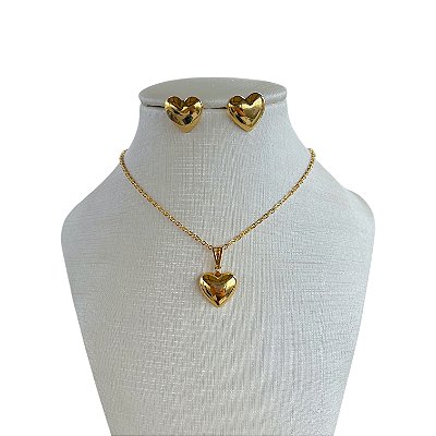 Conjunto Folheado Ouro 18k e Prata 925 Coração Abaulado