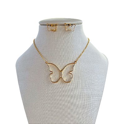 Conjunto Folheado Ouro 18k e Prata 925 Borboleta Vazada