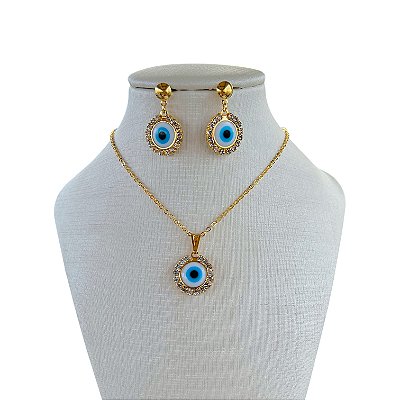 Conjunto Folheado Ouro 18k e Prata 925 Olho Grego Strass
