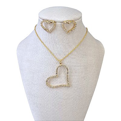 Conjunto Folheado Ouro 18k e Prata 925 Coração Vazado Strass
