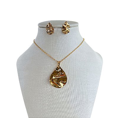 Conjunto Folheado Ouro 18k e Prata 925 Gota Chapeada