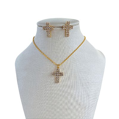Conjunto Folheado Ouro 18k e Prata 925 Cruz Strass