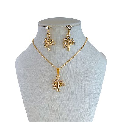 Conjunto Folheado Ouro 18k e Prata 925 Árvore da Vida Strass