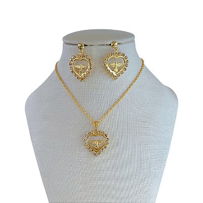 Conjunto Folheado Ouro 18k e Prata 925 Coração Espírito Santo Strass