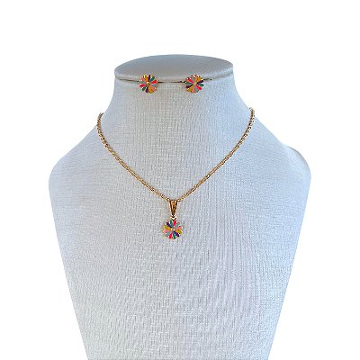 Conjunto Folheado Ouro 18k e Prata 925 Infantil Margarida Colors