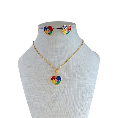 Conjunto Folheada Ouro 18k e Prata 925 Coração Menina e Menino Autista