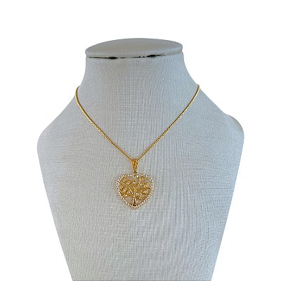 Colar Folheado Ouro 18k Coração Árvore da Vida Cravejada