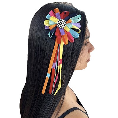 Presilha Colorida Flor Botão Fitas Cetim