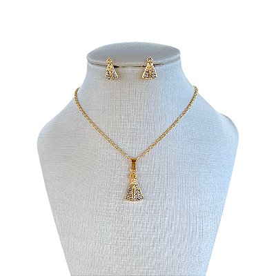 Conjunto Folheado Ouro 18k e Prata 925 Nossa Senhora Strass