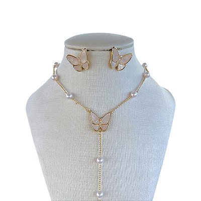 Conjunto Folheado Ouro 18k e Prata 925 Borboleta Gravatinha Madrepérolas