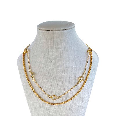 Choker Dupla Folheada Ouro 18k Cordão Baiano Corações Cristais