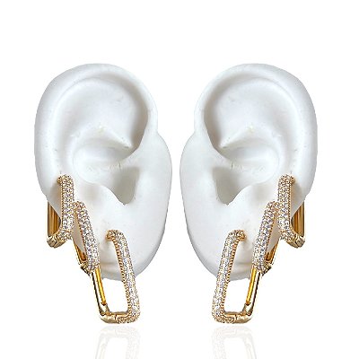Trio Brincos Folheado Ouro 18k e Prata 925 Argolas Quadrada Cravejada