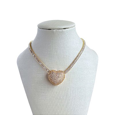 Colar Folheado Ouro 18k e Prata 925 Riviera Coração Cravejado