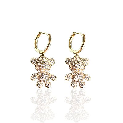 Brinco Folheado Ouro 18k e Prata 925 Urso Pérolas Cravejada