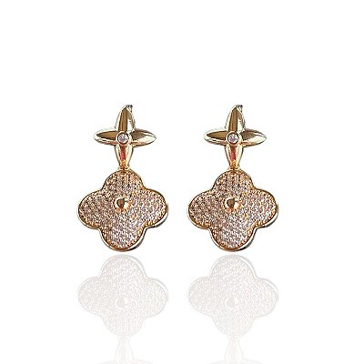 Brinco Folheado Ouro 18k e Prata 925 Trevo Inspired Cravejado