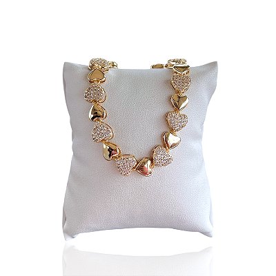 Pulseira Folheada Ouro 18k e Prata 925 Coração Cravejado