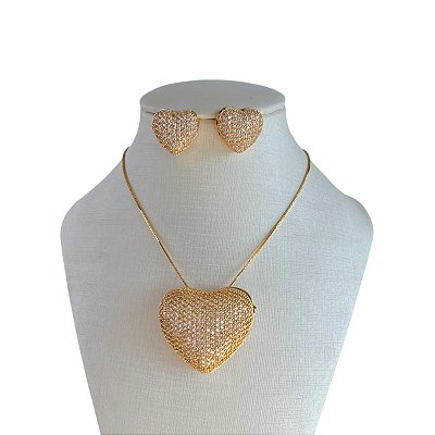 Conjunto Folheado Ouro 18K e Prata 925 Relicário Coração Cravejado