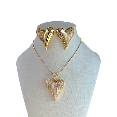 Conjunto Folheado Ouro 18K e Prata 925 Coração Cravejado