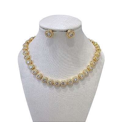 Conjunto Folheado Ouro 18k e Prata 925 Inspired Redondo Cravejado