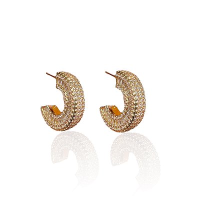 Brinco Folheado Ouro 18k e Prata 925 Argola Cravejada
