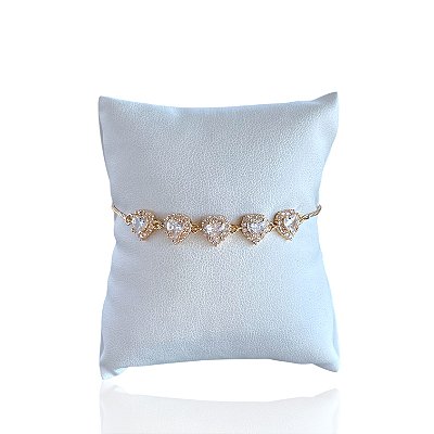 Pulseira Folheada Ouro 18k e Prata 925 Corações Cravejado