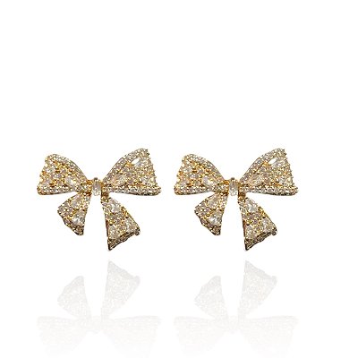 Brinco Folheado Ouro 18k e Prata 925 Laço Cravejado