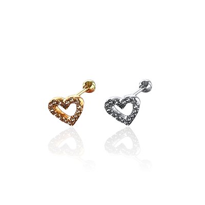 Piercing Aço Inoxidável Dourado e Prata Tragus Coração Vazado Cravejado