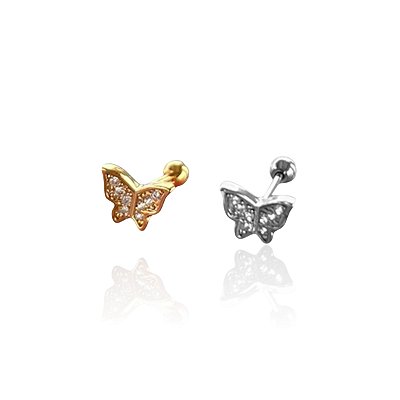 Piercing Aço Inoxidável Dourado e Prata Tragus Borboleta Cravejada