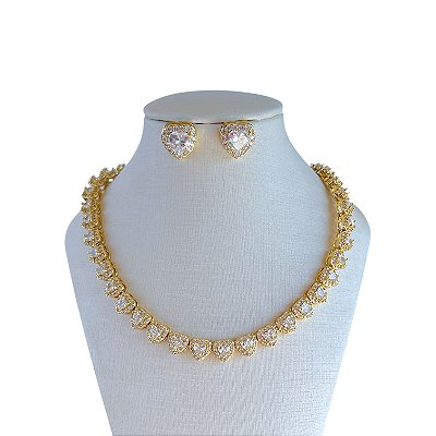 Conjunto Folheado Ouro 18k e Prata 925 Inspired Corações Cravejado