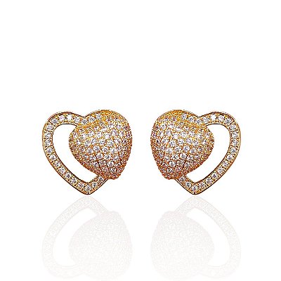 Brinco Folheado Ouro 18k e Prata 925 Dois Coração Cravejado