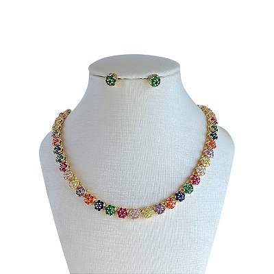 Conjunto Folheado Ouro 18k e Prata 925 Flor Inspired Cravejado