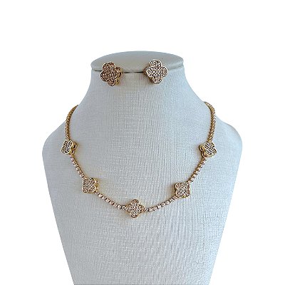 Conjunto Folheado Ouro 18k e Prata 925 Riviera Trevos Inspired Cravejado