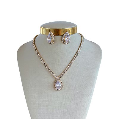Conjunto Folheado Ouro 18k e Prata 925 Riviera Gota Cravejada