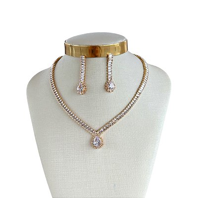 Conjunto Folheado Ouro 18k e Prata 925 Riviera Gota Cravejada