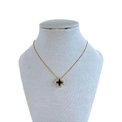 Colar Folheado Ouro 18k e Prata 925 Trevo Cristal Cravejado