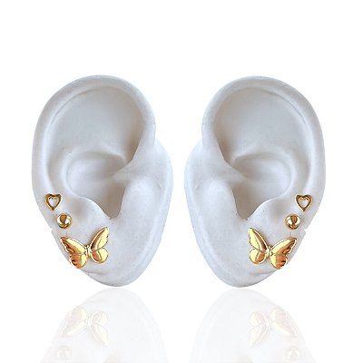 Trio Brincos Folheado Ouro 18k e Prata 925 Borboleta