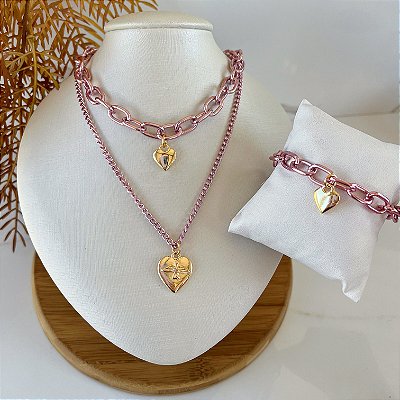 Conjunto Correntaria Duplo Bijuteria Coração