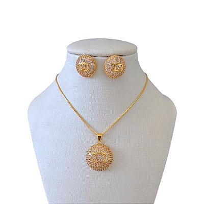 Conjunto Folheado Ouro 18k e Prata 925 Inspired Cravejado Redondo