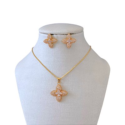 Conjunto Folheado Ouro 18k e Prata 925 Flor Inspired Cravejado